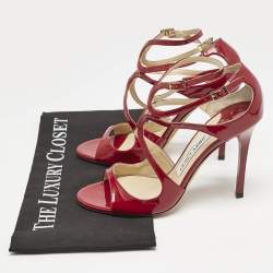 Jimmy Choo Dark Red Patent Leather Lang Ankle Strap Sandals Size 37