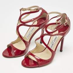 Jimmy Choo Dark Red Patent Leather Lang Ankle Strap Sandals Size 37