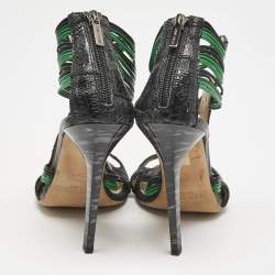 Jimmy Choo Black/Green Ostrich Leg Leather Corsica Ankle Strap Sandals Size 38