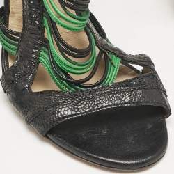 Jimmy Choo Black/Green Ostrich Leg Leather Corsica Ankle Strap Sandals Size 38