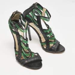 Jimmy Choo Black/Green Ostrich Leg Leather Corsica Ankle Strap Sandals Size 38