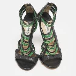 Jimmy Choo Black/Green Ostrich Leg Leather Corsica Ankle Strap Sandals Size 38