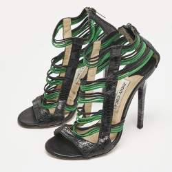 Jimmy Choo Black/Green Ostrich Leg Leather Corsica Ankle Strap Sandals Size 38