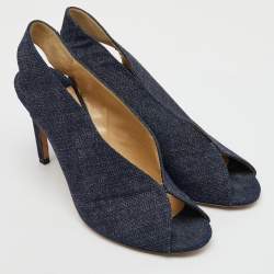 Pre Owned Jimmy Choo Navy Blue Denim Shar Peep Toe Slingback Pumps Size 39