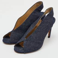 Pre Owned Jimmy Choo Navy Blue Denim Shar Peep Toe Slingback Pumps Size 39
