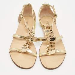 Pre Owned Jimmy Choo Gold Patent Leather Embellished T Strap Flat Sandals Size 39
