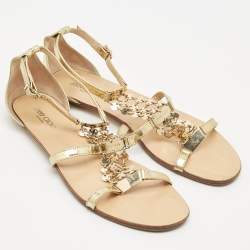 Pre Owned Jimmy Choo Gold Patent Leather Embellished T Strap Flat Sandals Size 39