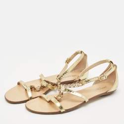 Pre Owned Jimmy Choo Gold Patent Leather Embellished T Strap Flat Sandals Size 39