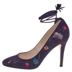 Jimmy Choo Purple Floral Embroidered Suede Chelan Tie Up Pumps Size 40