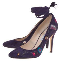 Jimmy Choo Purple Floral Embroidered Suede Chelan Tie Up Pumps Size 40