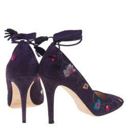 Jimmy Choo Purple Floral Embroidered Suede Chelan Tie Up Pumps Size 40