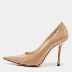 Jimmy Choo Beige Patent Leather Romy Pointed Toe Pumps Size 37.5
