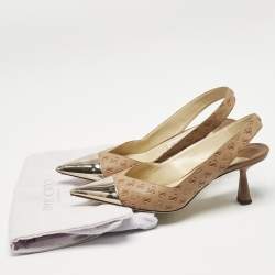 Jimmy Choo Beige Logo Embossed Leather And Patent Sling Back Pumps Size 41