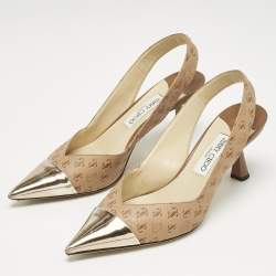 Jimmy Choo Beige Logo Embossed Leather And Patent Sling Back Pumps Size 41