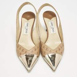 Jimmy Choo Beige Logo Embossed Leather And Patent Sling Back Pumps Size 41