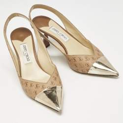 Jimmy Choo Beige Logo Embossed Leather And Patent Sling Back Pumps Size 41