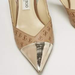 Jimmy Choo Beige Logo Embossed Leather And Patent Sling Back Pumps Size 41