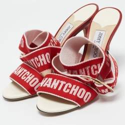 Jimmy Choo Red/Pink Canvas and Leather Bailey Sandals Size 38.5