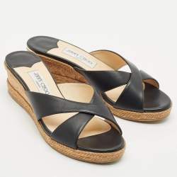 Pre Owned Jimmy Choo Black Leather Almer Wedge Sandals Size 40.5
