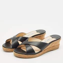 Pre Owned Jimmy Choo Black Leather Almer Wedge Sandals Size 40.5