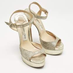 Pre Owned Jimmy Choo Silver Glitter Linda Ankle Strap Sandals Size 36.5