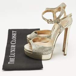 Pre Owned Jimmy Choo Silver Glitter Linda Ankle Strap Sandals Size 36.5