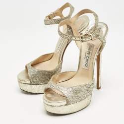 Pre Owned Jimmy Choo Silver Glitter Linda Ankle Strap Sandals Size 36.5