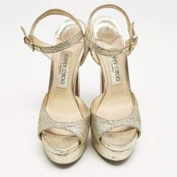 Pre Owned Jimmy Choo Silver Glitter Linda Ankle Strap Sandals Size 36.5