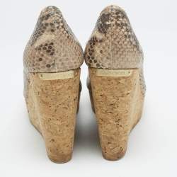 Pre Owned Jimmy Choo Beige Python Embossed Leather Papina Cork Wedge Pumps Size 39