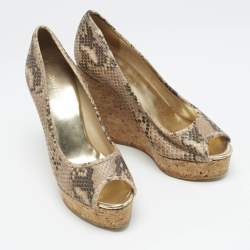 Pre Owned Jimmy Choo Beige Python Embossed Leather Papina Cork Wedge Pumps Size 39