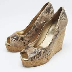 Pre Owned Jimmy Choo Beige Python Embossed Leather Papina Cork Wedge Pumps Size 39