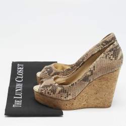 Pre Owned Jimmy Choo Beige Python Embossed Leather Papina Cork Wedge Pumps Size 39