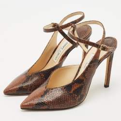 Jimmy Choo Brown Python Embossed Leather Pointed Toe Slingback Pumps Size 37.5