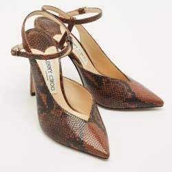 Jimmy Choo Brown Python Embossed Leather Pointed Toe Slingback Pumps Size 37.5