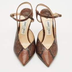 Jimmy Choo Brown Python Embossed Leather Pointed Toe Slingback Pumps Size 37.5