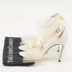 Jimmy Choo White Canvas and Mesh Aveline Bow Ankle Strap Pumps Size 38