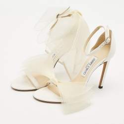 Jimmy Choo White Canvas and Mesh Aveline Bow Ankle Strap Pumps Size 38