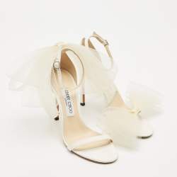 Jimmy Choo White Canvas and Mesh Aveline Bow Ankle Strap Pumps Size 38