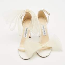 Jimmy Choo White Canvas and Mesh Aveline Bow Ankle Strap Pumps Size 38