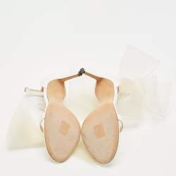Jimmy Choo White Canvas and Mesh Aveline Bow Ankle Strap Pumps Size 38
