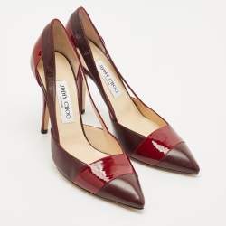 Jimmy Choo Burgundy/Red Patent and Leather Cut Out Pumps Size 38.5