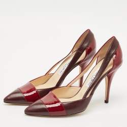 Jimmy Choo Burgundy/Red Patent and Leather Cut Out Pumps Size 38.5