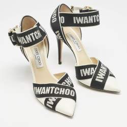 Jimmy Choo White/Black Leather and Fabric Bea Ankle Strap Pumps Size 40