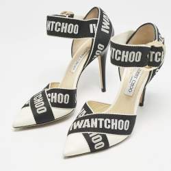 Jimmy Choo White/Black Leather and Fabric Bea Ankle Strap Pumps Size 40