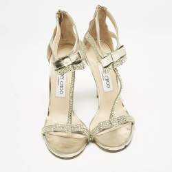Jimmy Choo Grey Leather and Suede Escape Crystal T-Strap Sandals Size 37.5