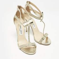 Jimmy Choo Grey Leather and Suede Escape Crystal T-Strap Sandals Size 37.5