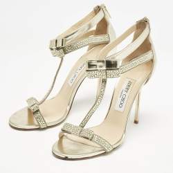 Jimmy Choo Grey Leather and Suede Escape Crystal T-Strap Sandals Size 37.5
