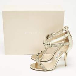 Jimmy Choo Grey Leather and Suede Escape Crystal T-Strap Sandals Size 37.5