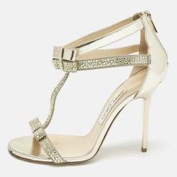 Jimmy Choo Grey Leather and Suede Escape Crystal T-Strap Sandals Size 37.5