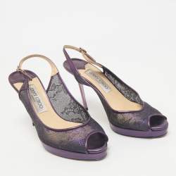 Jimmy Choo Purple Mesh and Leather Peep Toe Platform Slingback Sandals Size 38.5